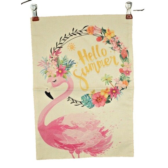 Hello Summer Flamingos 12 x 18 inches Double Sided Nylon Burlap Garden Flag - Picture 2 of 2